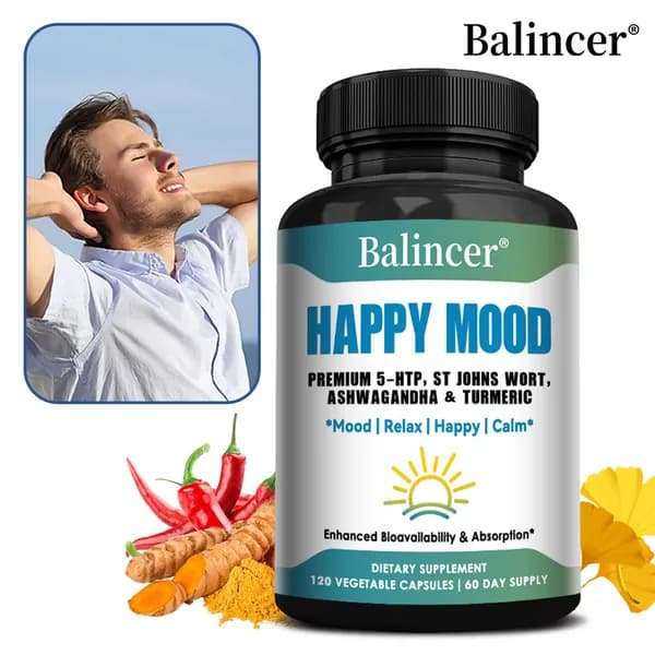 Balincer Mood Enhancer - содержит зверобой и куркуму, 120 вегетарианских капсул, улучшает настроение, расслабляет ум и тело, повышает биодоступность и усвояемость.