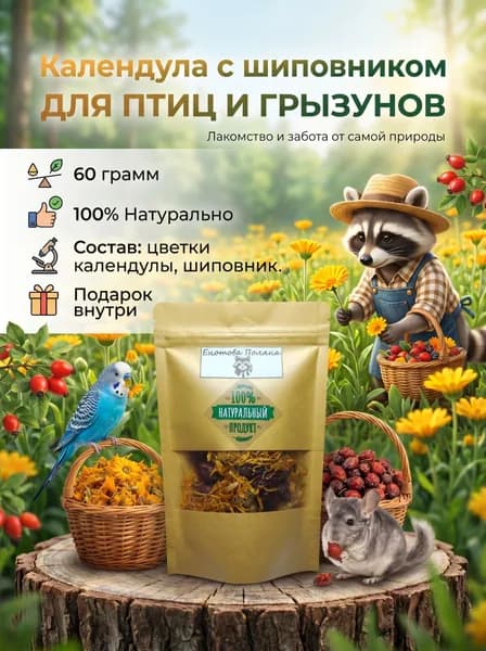 Лакомство для грызунов и птиц - Календула сушеная с шиповником, 60 грамм
