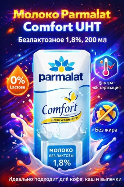 Молоко ультрапастеризованное PARMALAT Comfort UHT безлактозное 1,8%, без змж, 200мл