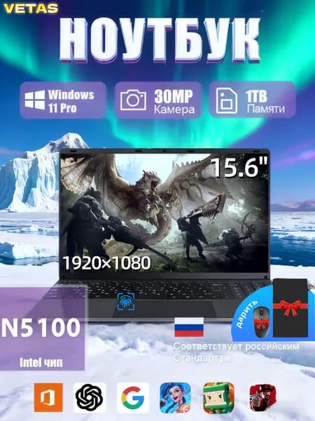 VETAS Игровой ноутбу Intel N5100 Система Windows активирована игровые ноутбуки Игровой ноутбук 15.6", Intel Celeron N5100, RAM 16 ГБ, SSD 1024 ГБ, Intel UHD Graphics, Windows Pro, серебристый, Русская раскладка