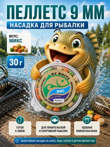 Пеллетс для рыбалки PC Baits, 9 мм, Микс - насадка на крючок для карпа, карася, леща, 30 г