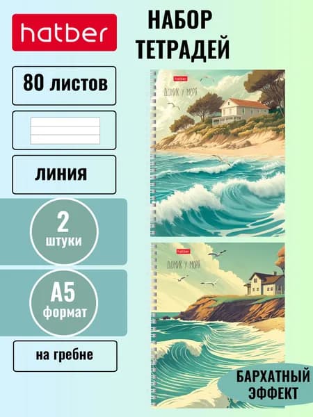 Тетрадь Hatber 2 штуки/2 дизайна, 80 листов формата А5 в линию, ламинация Бархатный эффект, на гребне -Домик у моря-