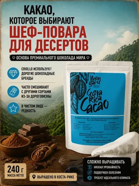 Какао Без Сахара Criollo алкализован, Коста-Рика 100%,240г