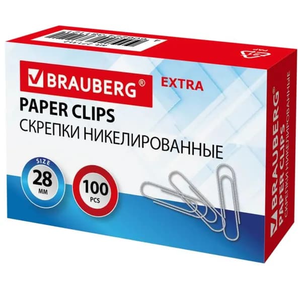 Скрепки, 28 мм, никелированные, 100 шт. // BRAUBERG EXTRA