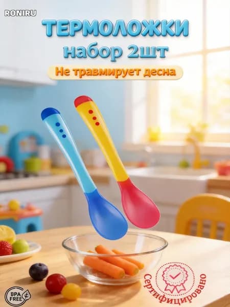 Набор из двух ложек для кормления детей, силиконовый обучающий аксессуар с термочувствительным краем и закруглёнными кромками, без бисфенола А, подходит с 4 месяцев