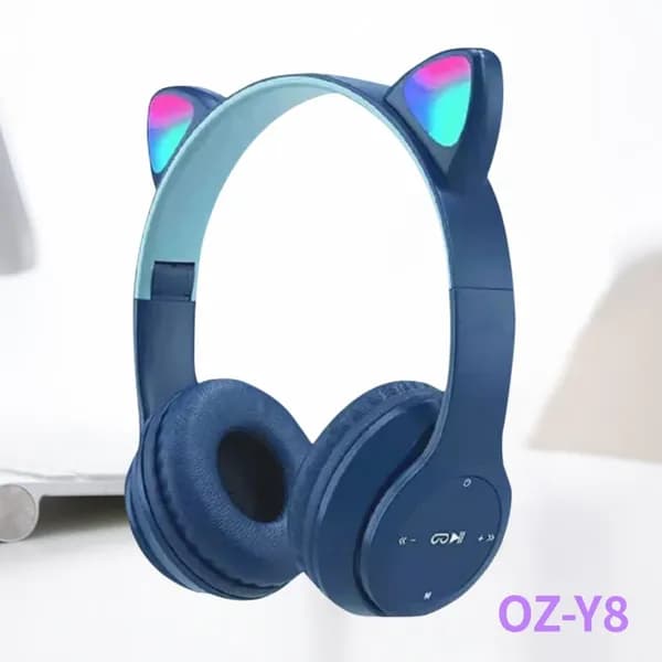 Стерео наушники Bluetooth P47M с подсветкой и ушками кошки, тёмно-синие