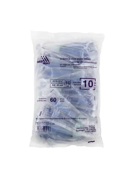 Шприц Medwey 3-х компонентный 10мл с иглой 0.8*40мм 21G №60