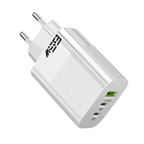 (1шт) Зарядная головка мощностью 65 Вт с двумя портами TYPEC + USB для быстрой зарядки PD европейского стандарта-белый