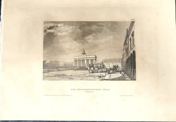 Антикварная гравюра. Вид на Бранденбургские ворота в Берлине 1840 год.