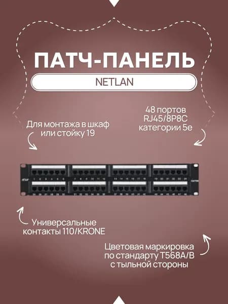 Патч-панель NETLAN 19", 2U, 48 портов