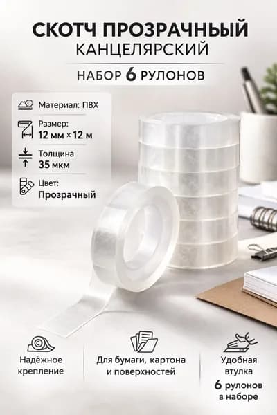 Набор 6 рулонов. Скотч прозрачный канцелярский. Клейкая лента односторонняя. (12 мм х 12 м)