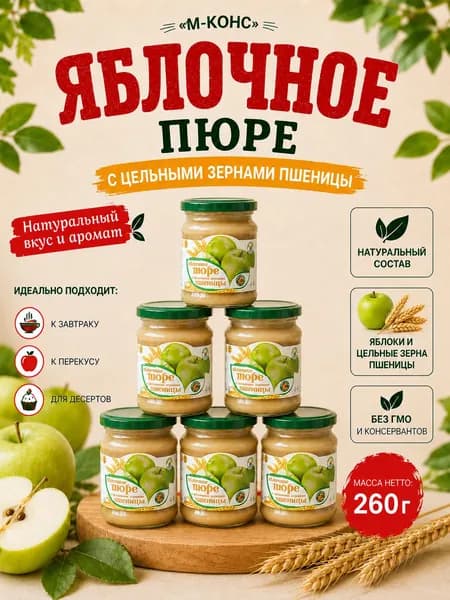 Яблочное пюре с цельными зернами пшеницы, 6 шт. по 260 г