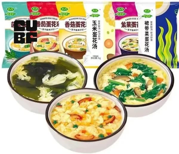 Вкусный набор овощных супов 7 вкусов 6 г/пакете: сублимированные супы - кукурузный, с морскими водорослями и шпинатом, питательный из диких трав; полезная замена приему пищи на завтрак.