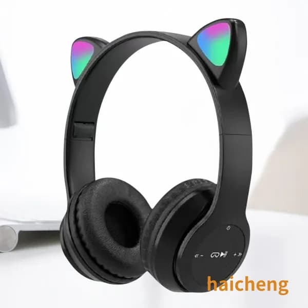 Беспроводные Bluetooth-наушники с подсветкой в виде кошачьих ушей, черные
