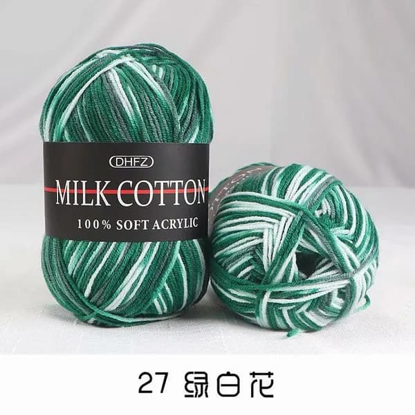 Пряжа для вязания DHFZ Milk Cotton Молочный хлопок мягкий акрил градиентная трехцветная поэтапно окрашенная белый, серый, зеленый 50 г.