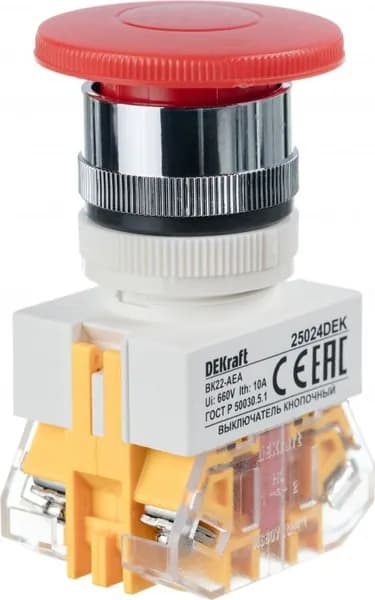 Кнопка управления DEKraft / ДеКрафт AEA 22 ВK-2 грибок, красная, 10А 220В IP54, под отверстие диаметром 22.3мм, 25024DEK / кнопочный пост