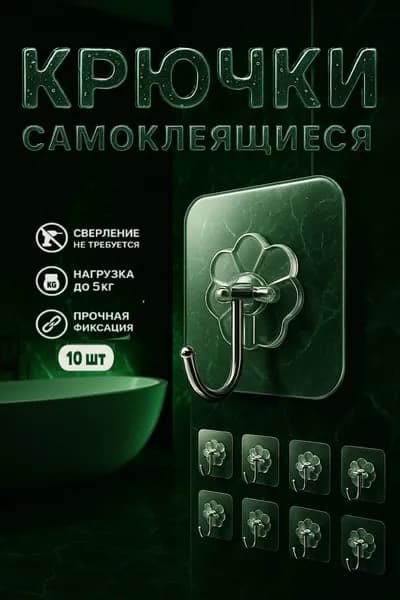 Крючки самоклеющиеся прозрачные 10 шт, полотенец, одежда, коридор, кухня, крючки для ванной