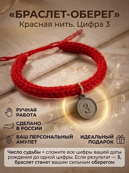 Браслет-оберег из красной шерстяной плетенной нити "Цифра вашей судьбы"Нумерология число "3"