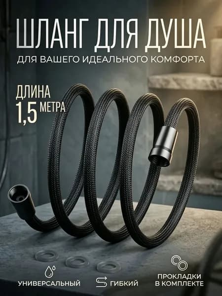 Нейлоновый шланг для душа. Серый. Длина 1,5 м. Вращение 360.