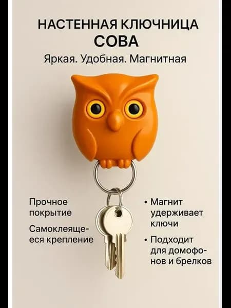 Настенная ключница Сова коричневая магнитная для ключей