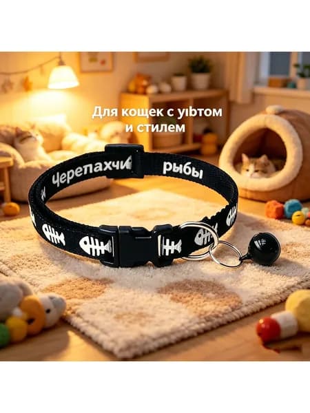 Ошейник для кошек и собак рыбка кость светоотражающий с колокольчиком регулируемый 19-32 см