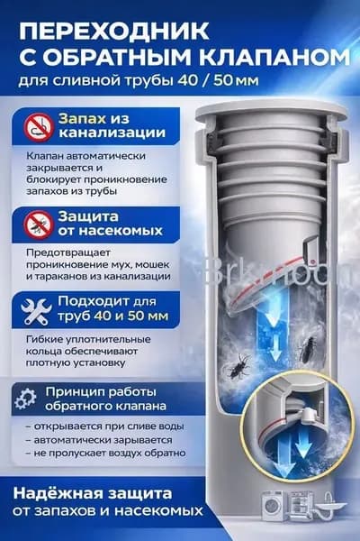 Обратный клапан для канализации 40,50 мм под раковину, переходник для сифона и гофры, антизапах, защита от насекомых