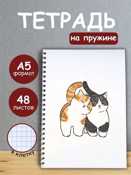 Тетрадь 48 листов в клетку на кольцах, блокнот А5 на пружине