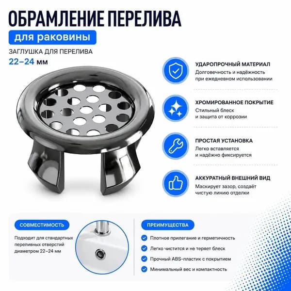 Эксклюзивный хромированный комплект, состоящий из заглушки и обрамления перелива для раковины с диаметром 2224 мм, серебристого цвета, применяется для умывальника.