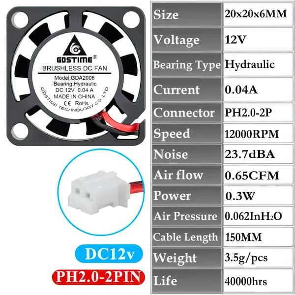 Вентилятор Gdstime DC12V 20x20x6, GDA2006, Sleeve,1 шт.