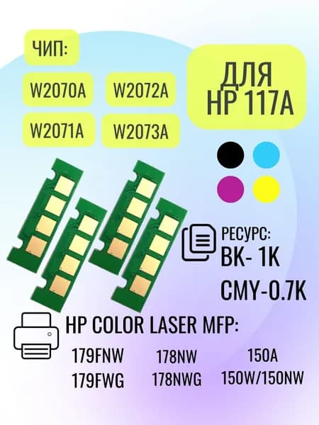 Комплект чип 4 шт для HP 117A для картриджей W2070A,W2071A,W2072A,W2073A все цвета Bk,M,Y,C