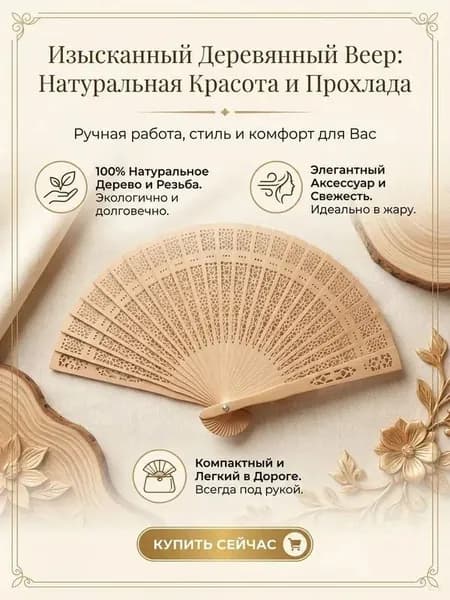 Веер складной деревянный / Веер бамбуковый, 20,5 см.