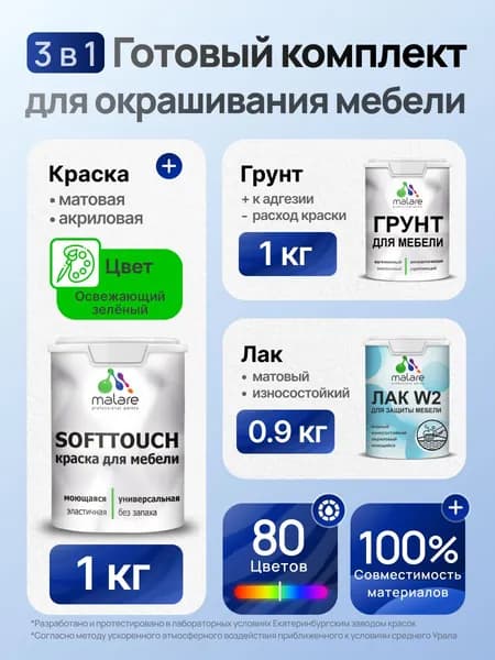 Комплект Malare SoftTouch для окрашивания мебели (1кг грунт + 1 кг краска + 0.9кг лак), акриловый, без запаха, быстросохнущий, матовый, цвет освежающий зеленый