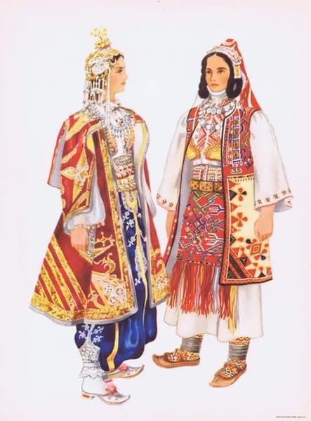 Сербский народный костюм (Призрен, Средачка Жупа). Владимир Кирин. Антикварная хромотипия. Югославия, 1954 год