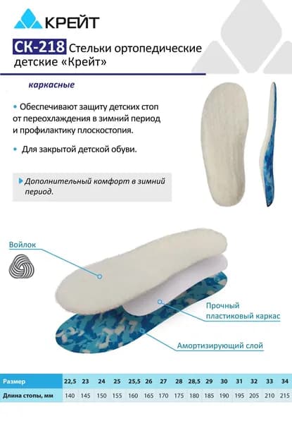 Стельки ортопедические детские зимние, каркасные, "Крейт", размер 23
