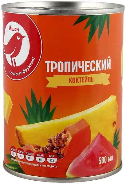 Тропический коктейль АШАН Красная птица ломтики, 580 мл