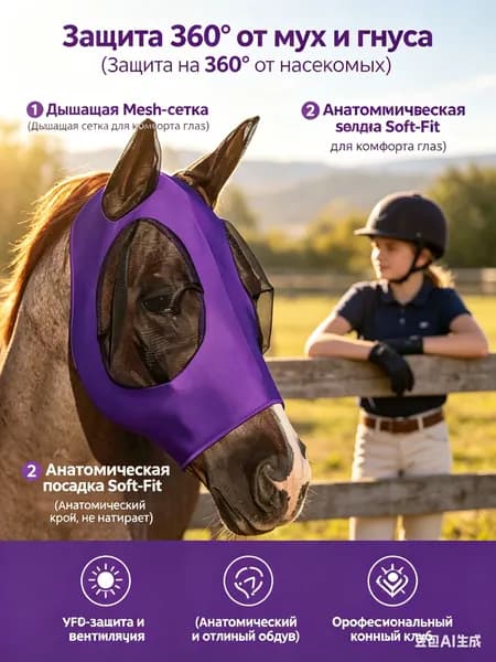 Маска для лошади от мух и комаров, защитная сетка для глаз и ушей - эластичная анатомическая модель, экипировка для конного спорта и выпаса