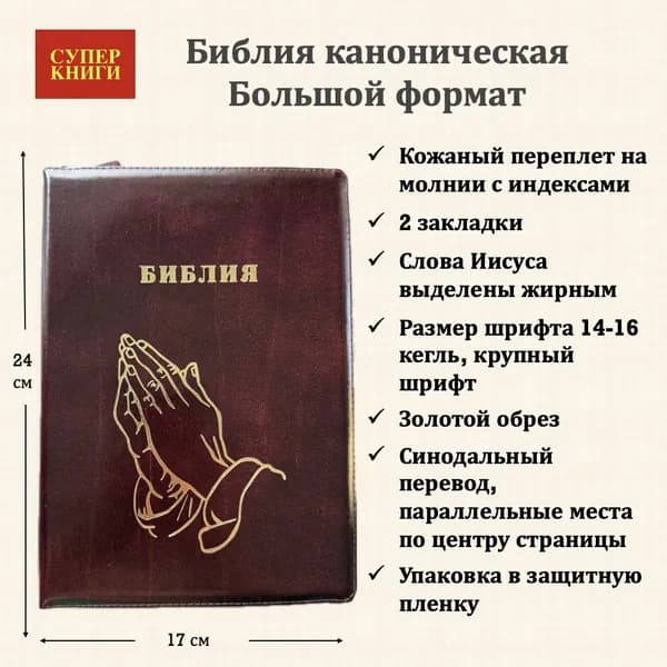 Библия. Большой формат. 076zti код 25076-19. Дизайн "Руки молящегося", кожаный переплет на молнии с индексами, цвет темно-бордовый с прожилками, 180x243 мм