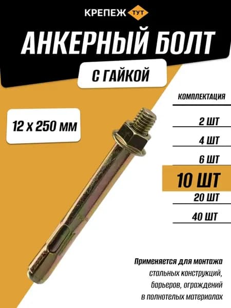Анкерный болт с гайкой 12х250мм, 10 шт