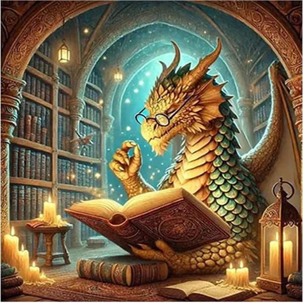 Дракон читает книгу в библиотеке DIY 5D-рисунок из алмазов без рамки