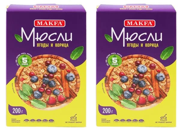 Макфа Мюсли 5 злаков Ягоды и корица, 200 г, 2 уп