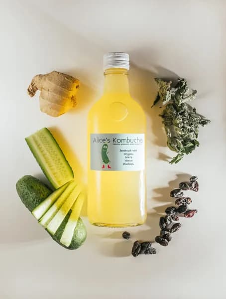 Комбуча "Огурчелло" (Kombucha) на зелёном чае с огурцом, мятой и имбирем, безалкогольная, 250 мл. Напиток на чайном грибе живой, как мохито