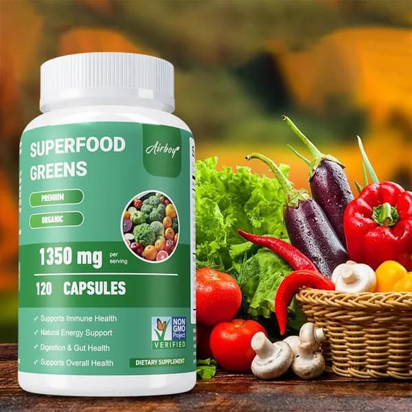 Добавка Airboy Super Green Vegetable Supplement разработана для укрепления иммунитета, повышения энергии и поддержания здоровья кишечника.