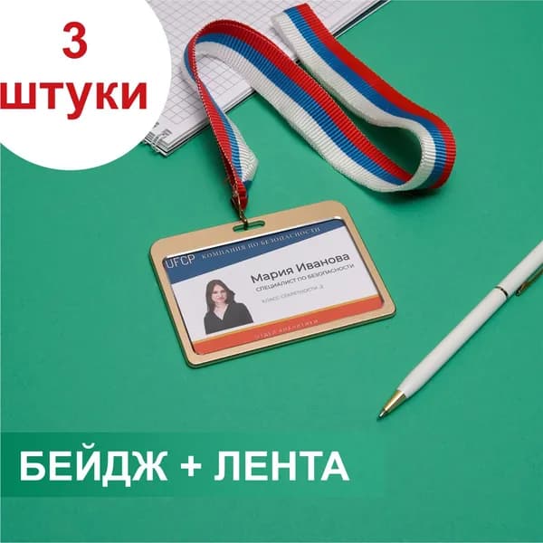 Бейдж металлический золотой на ленте-триколор - 3 штуки: для школьника, для пропуска, для презентаций