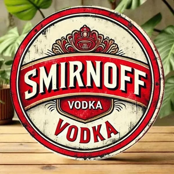Жестяная табличка Смирнофф водка, круглая, ретро стиль для декора стен, металл, 20х20 см.