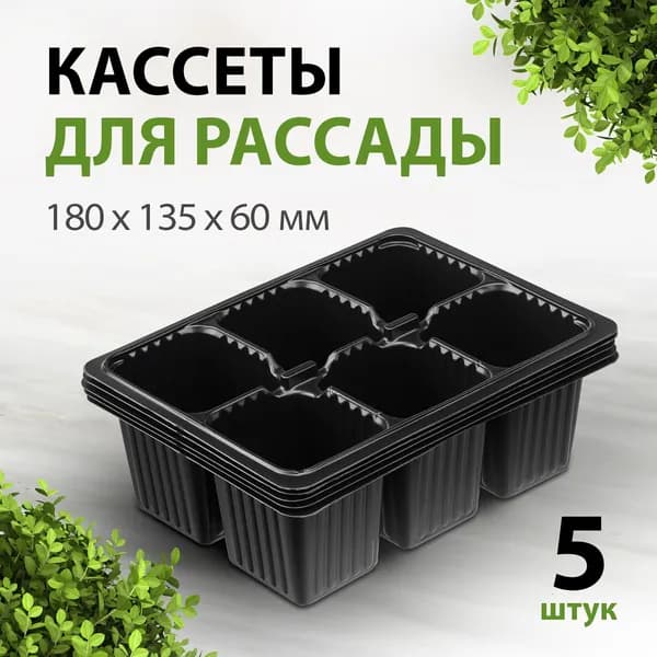 Кассеты для рассады, 180х135х60 мм, 6 ячеек из очищенного полистирола, дренажные отверстия и загнутая верхняя кромка, многоразовые, 5 штук, Россия 64346