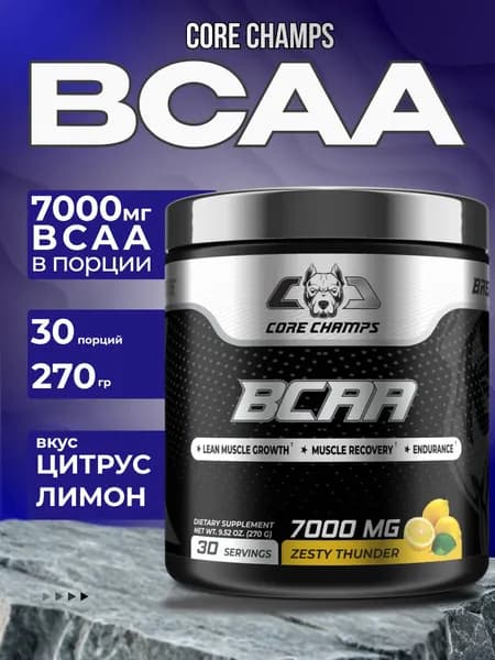 CORE CHAMPS BCAA 2:1:1 аминокислоты для тренировок и восстановления, порошок без сахара, 30 порций /