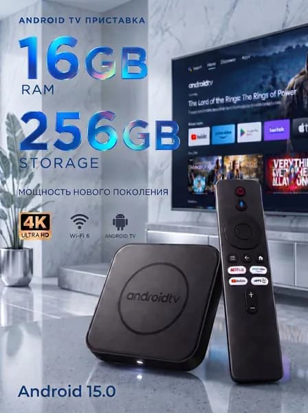 Смарт ТВ приставка для телевизора, 16/256 ГБ, Андроид 15 Android TV Box, Wi-Fi 6, медиаплеер 4K