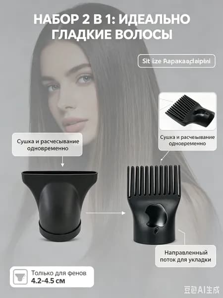 Набор насадок для фена, концентратор и гребень-стайлер, для сушки и выпрямления волос, 4.2-4.5 см