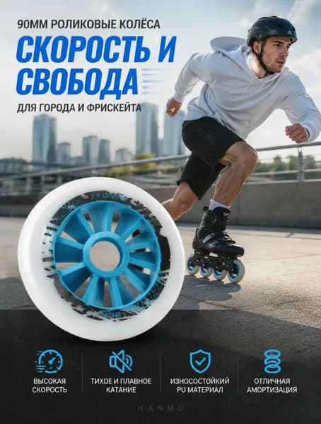 Роликовые колёса бело-синее 90 мм 85А тихие для роликов самокатов повседневные прогулки по городу