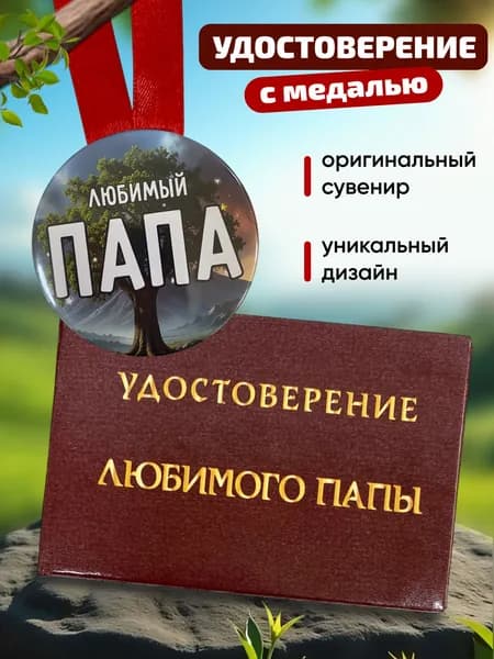 Подарочный набор папе: шуточное удостоверение "Любимого папы" и Медаль Любимый папа